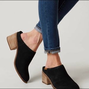 TOMS black suede block heel mules